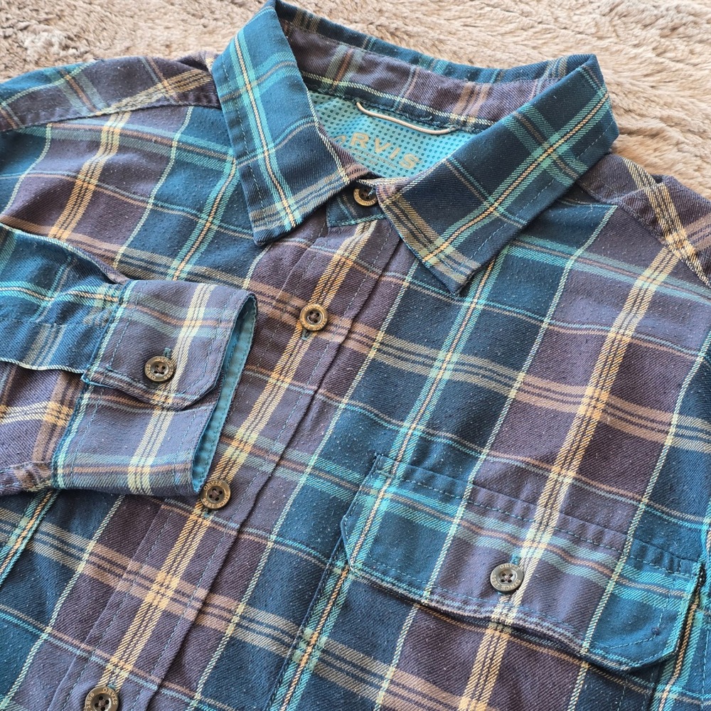 Orvis Classic Collection Mens Medium Blue Plaid Long Sleeve Button Down Shirt